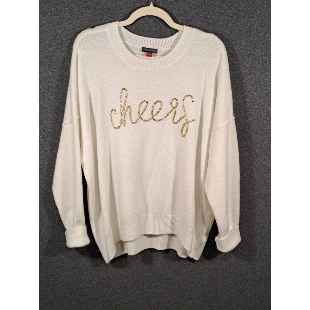 Vince Camuto Women XL Cream Cheers Gold Beaded Holiday Pullover Sweater SC1195